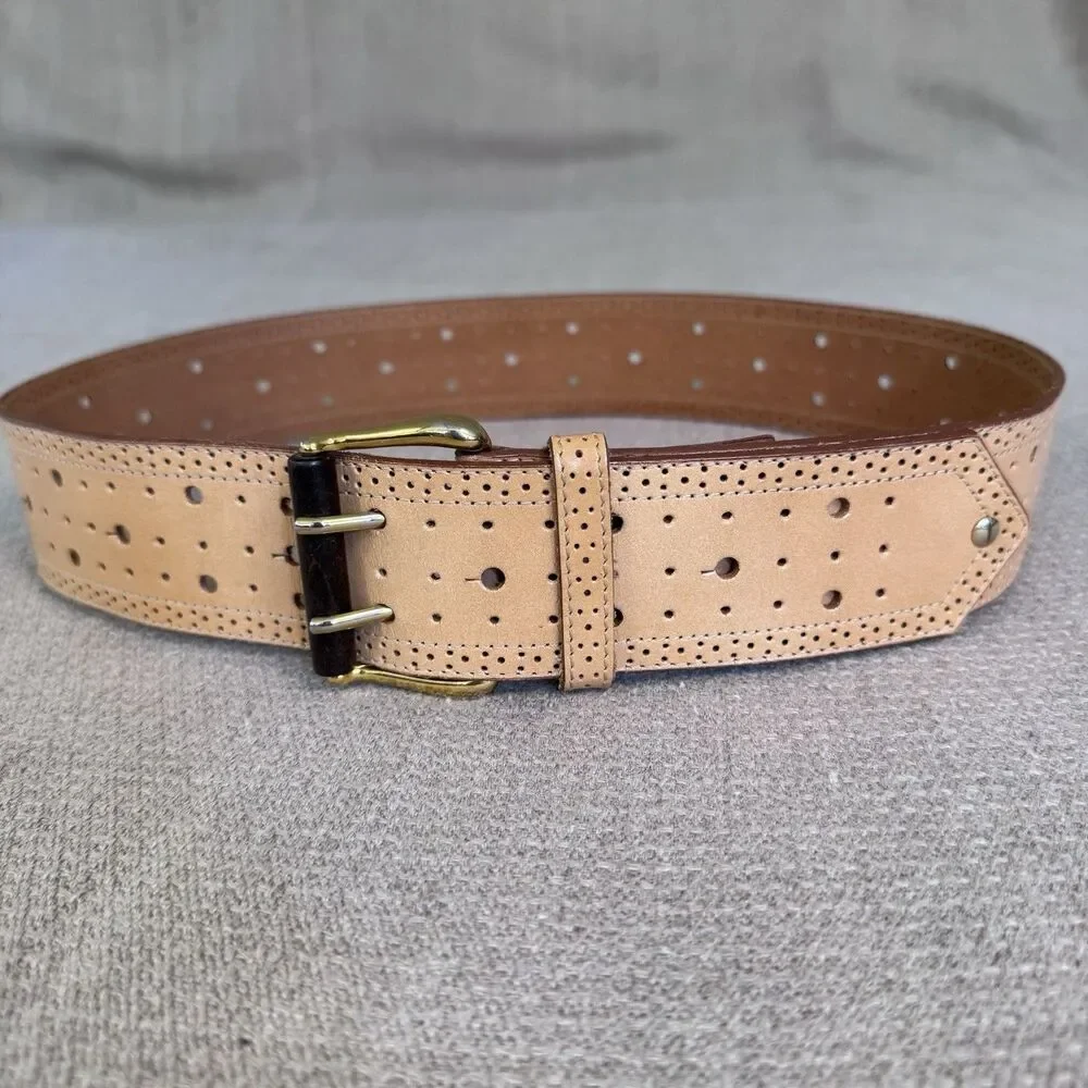 Vintage Ginnie Johansen Wide Brown Leather Belt Brass Buckle Y2K Hip Western 552